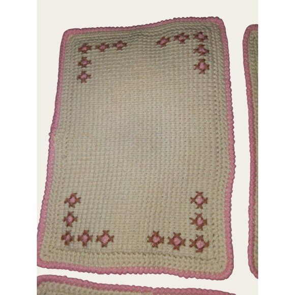 Set Of 4 Handcrafted Crochet Placemats Pink Brown Flower Design - Picture 5 of 8